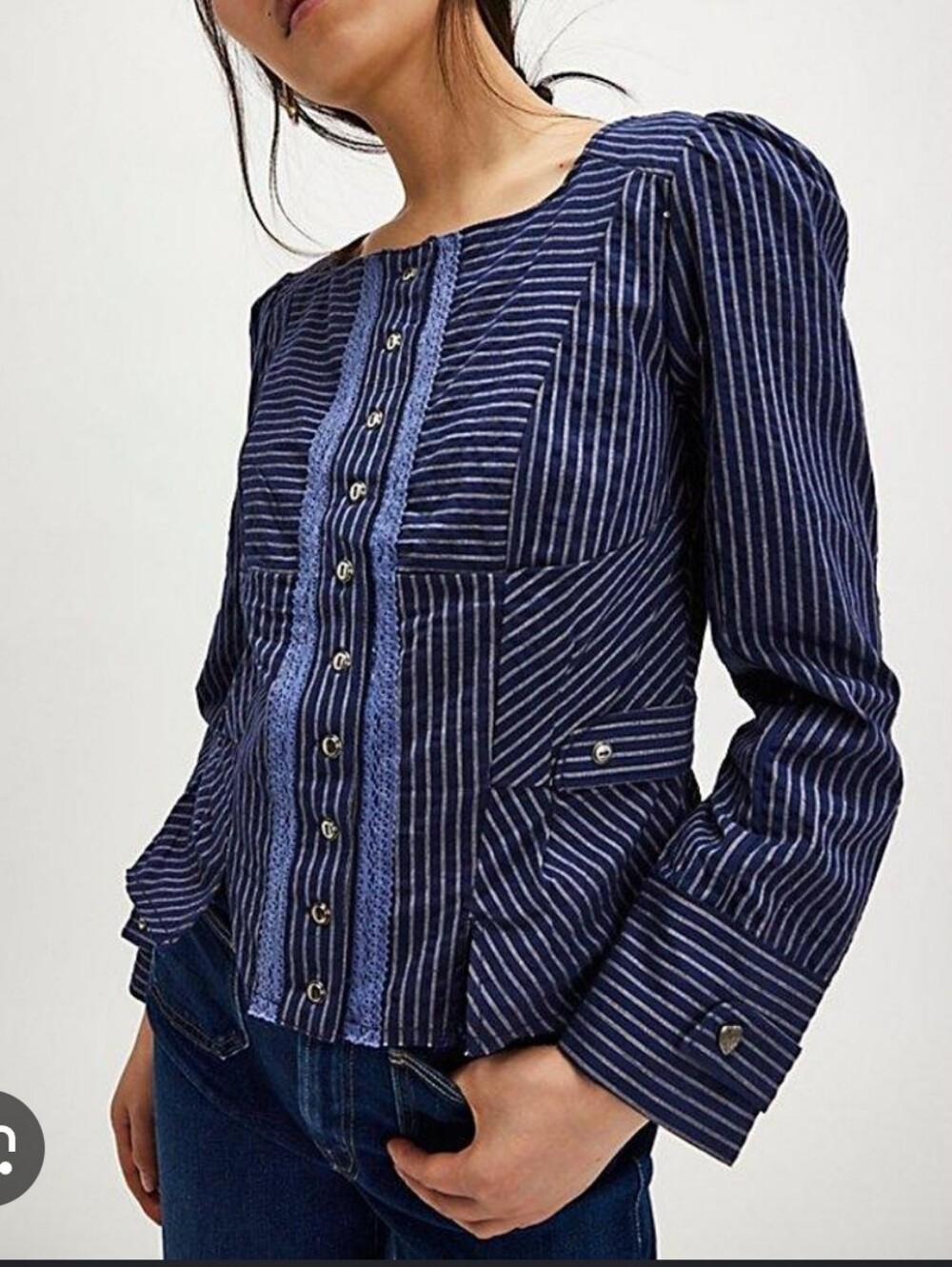 Free People Darcu Navy Pinstripe Button-Front Jacket